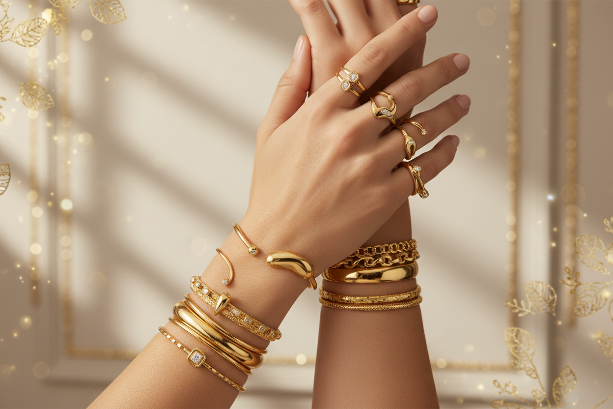 Elegant model showcasing gold bangles and rings